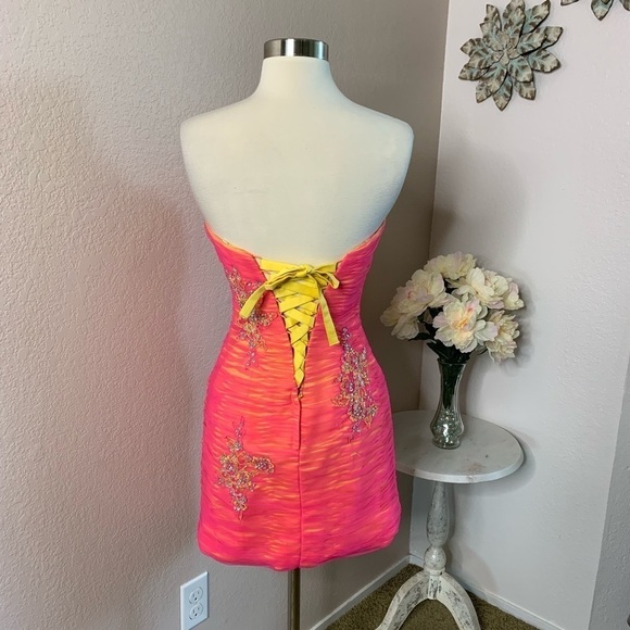 Mori Lee Corset Pink Mesh Beaded Dress - Picture 2 of 8